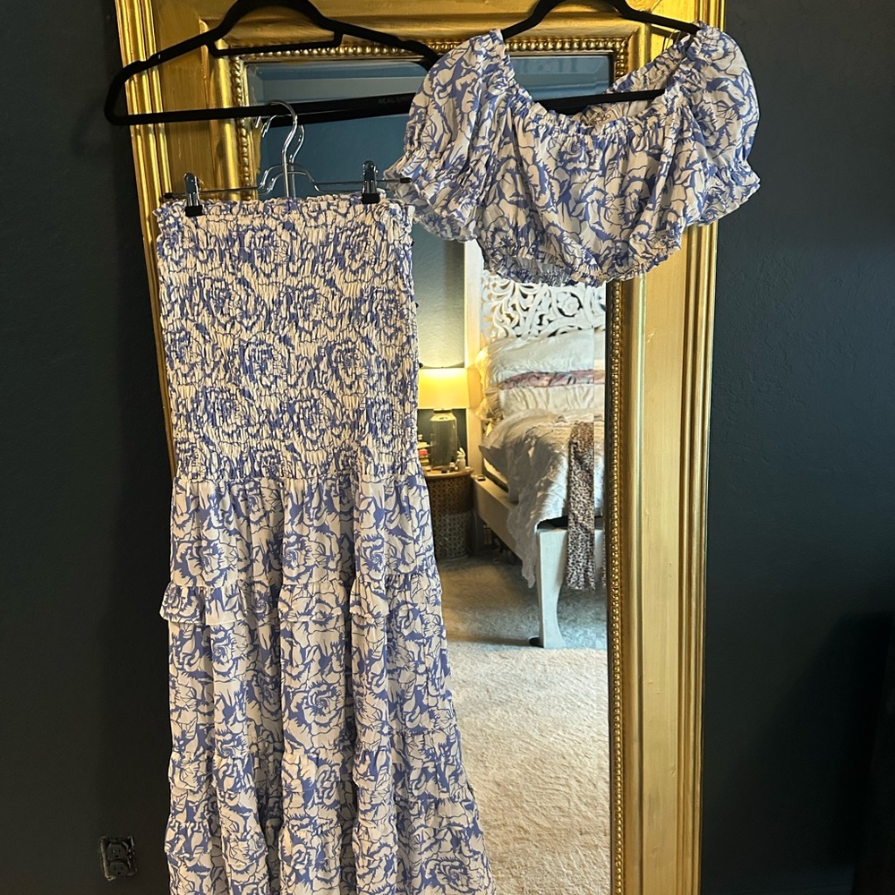 Santorini Blue and White Floral Off-Shoulder 2 piece set